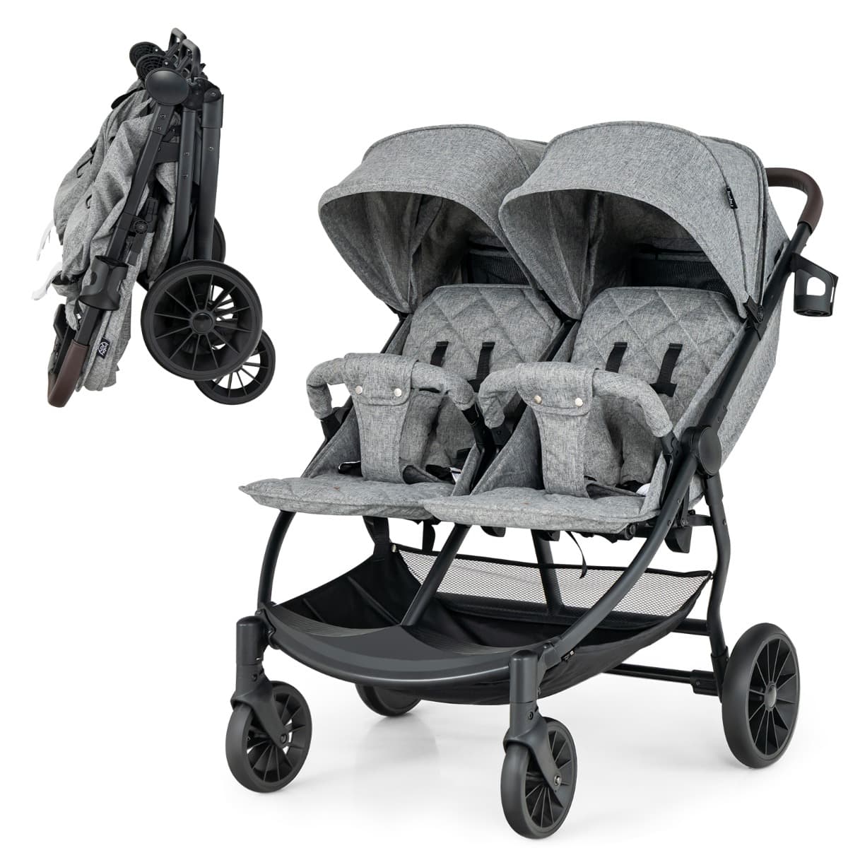 CostwayPoussette Double Pliante pour Bébé 0 à 3 Ans Charge 15KG Poussette Côte à Côte avec Dossier Réglable Auvent Roues Freinées Gris