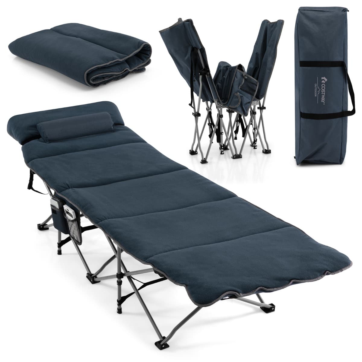 CostwayLit de Camping Pliable 65 x 185 CM avec Matelas et Oreiller Amovibles Lit d'Appoint pour Camping/Randonnée Bleu